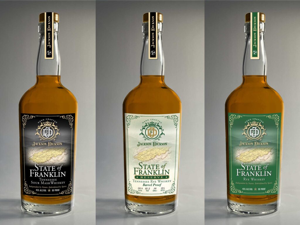 State of Franklin Tennessee Sour Mash Whiskey, Tennessee Rye Whiskey and Tennessee Rye Whiskey Barrel Proof